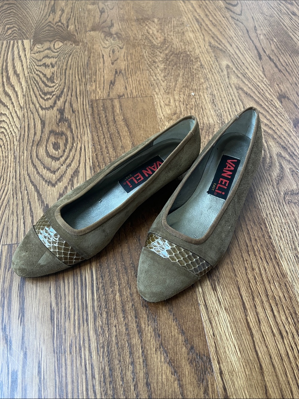 Vaneli Olive Brown Suede Pointed Toe Flats with Snakeskin Accent
